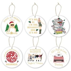 NWT Taylor Swift Christmas Ornaments Set of 6 Wooden Round Holiday Decor